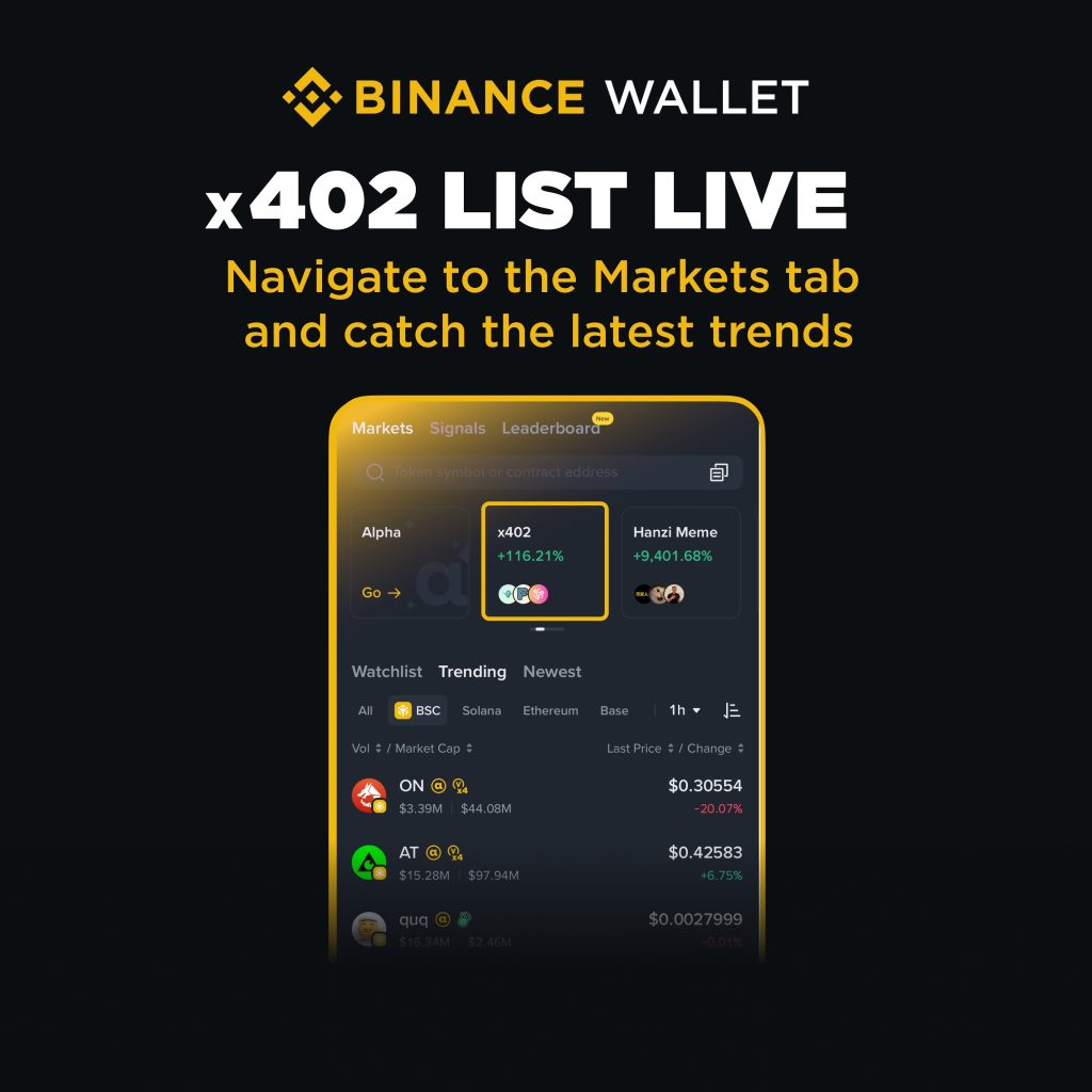 Binance Wallet ra mắt danh mục x402 hỗ trợ thanh toán vi mô không cần tài khoản