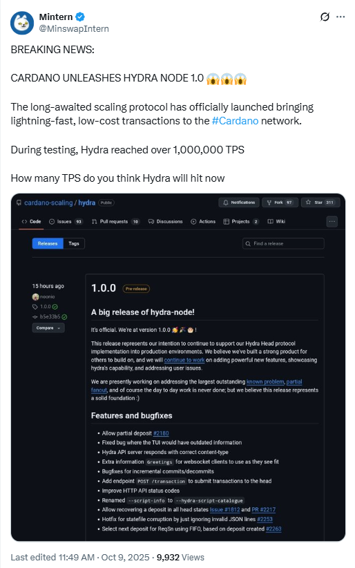 hydra-node-1-0-0-coinphoton Cardano ra mắt Hydra Node 1.0 trong bối cảnh thúc đẩy ZK Evolution